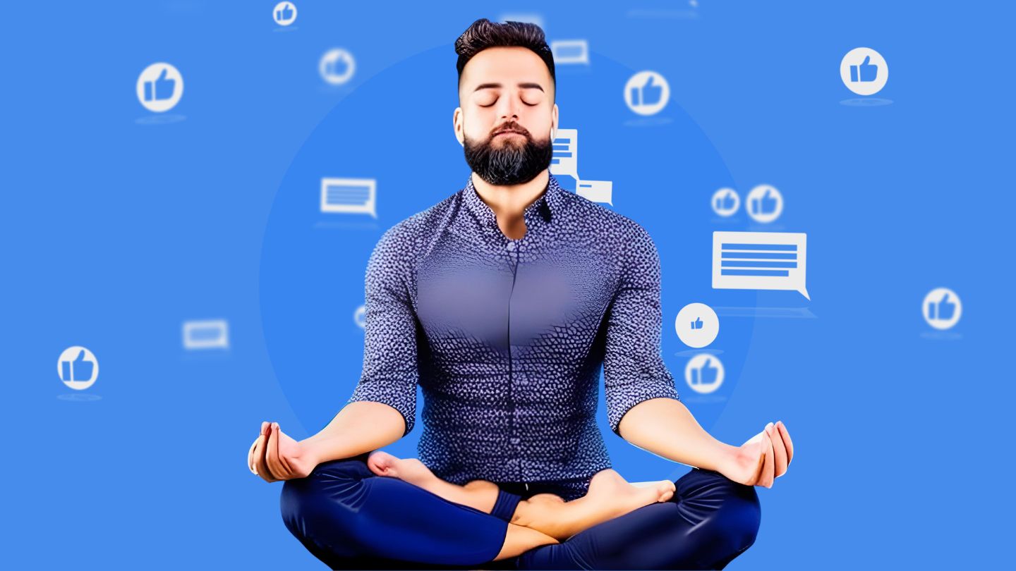 A man in meditation pose, fostering focus and blocking out distractions to enhance productivity.