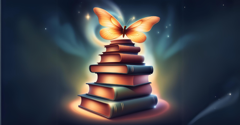 Image of a stack of books representing transformative reads. Each book cover symbolises personal growth and enlightenment. A butterfly emerging from a cocoon, reflecting the journey of self-discovery.