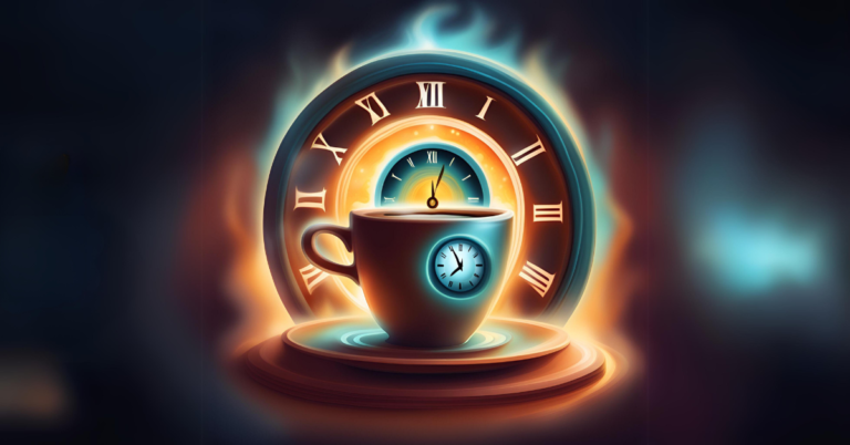 Featured image for the caffeine-free challenge blog: Depicts a clock showing 30 days, a cup of decaf coffee, and symbols representing energy and vitality.