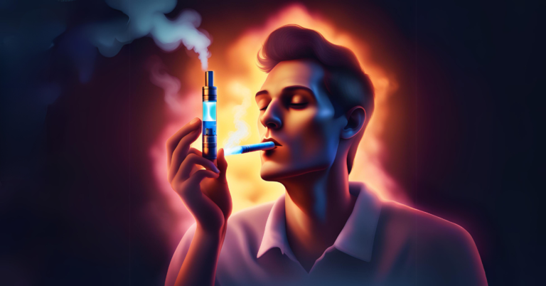 Image contrasting traditional cigarettes and modern e-cigarette devices, with warning signs, health icons, and a teenager holding an e-cigarette, emphasising health risks and environmental concerns.